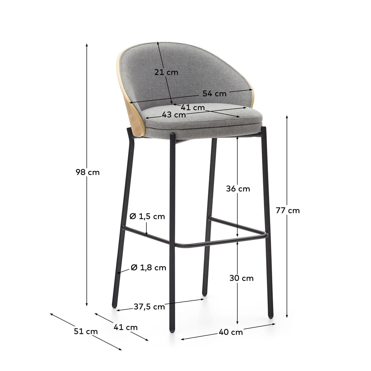 Eamy Bar chair with light backrest, H: 75 cm, Gray fabric