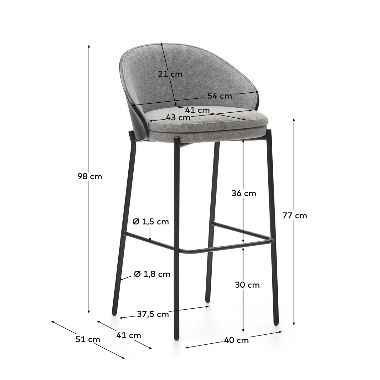 Eamy Bar chair with black backrest, H: 75 cm, Gray fabric