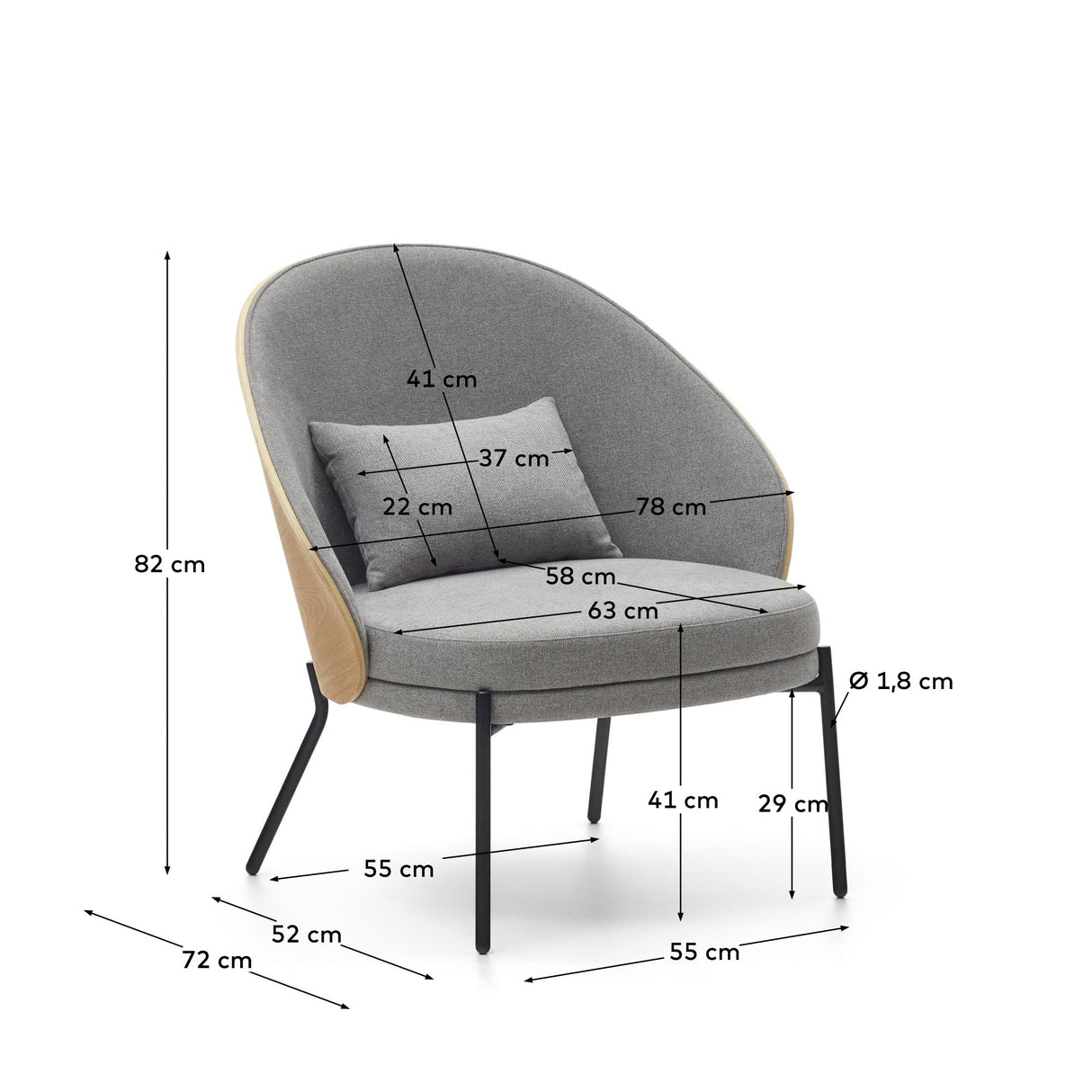 Eamy Armchair with light backrest, Gray fabric