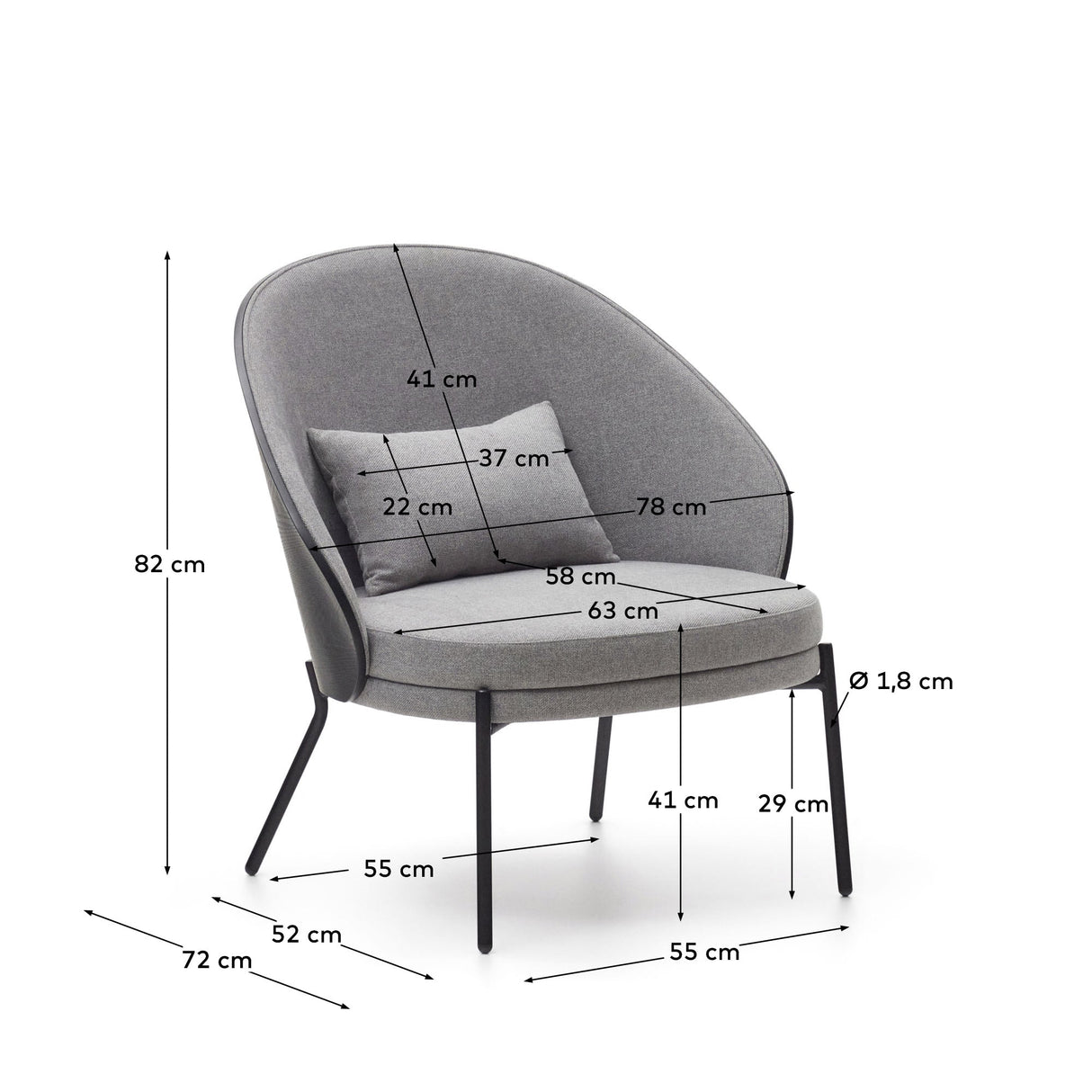 Eamy Armchair with black backrest, Gray fabric