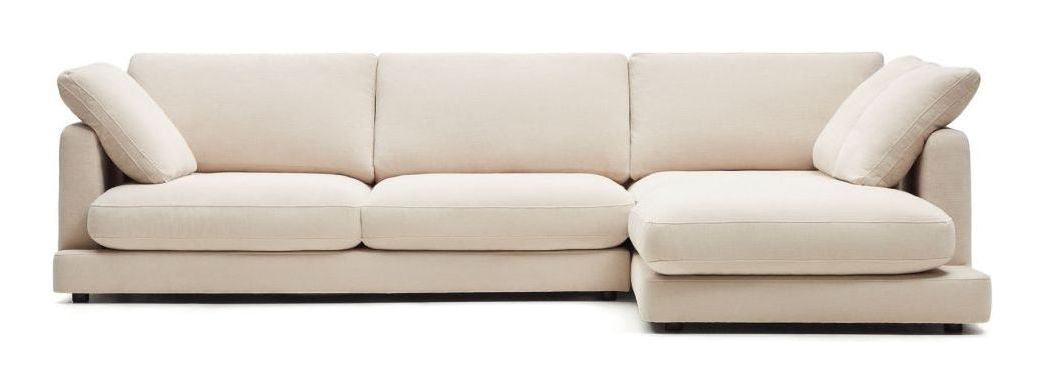 Gala 4-seater sofa with chaise longue on right side, Beige Chenille fabric