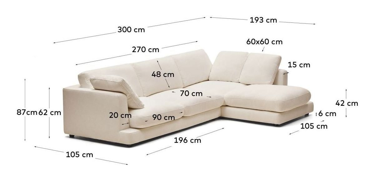 Gala 4-seater sofa with chaise longue on right side, Beige Chenille fabric