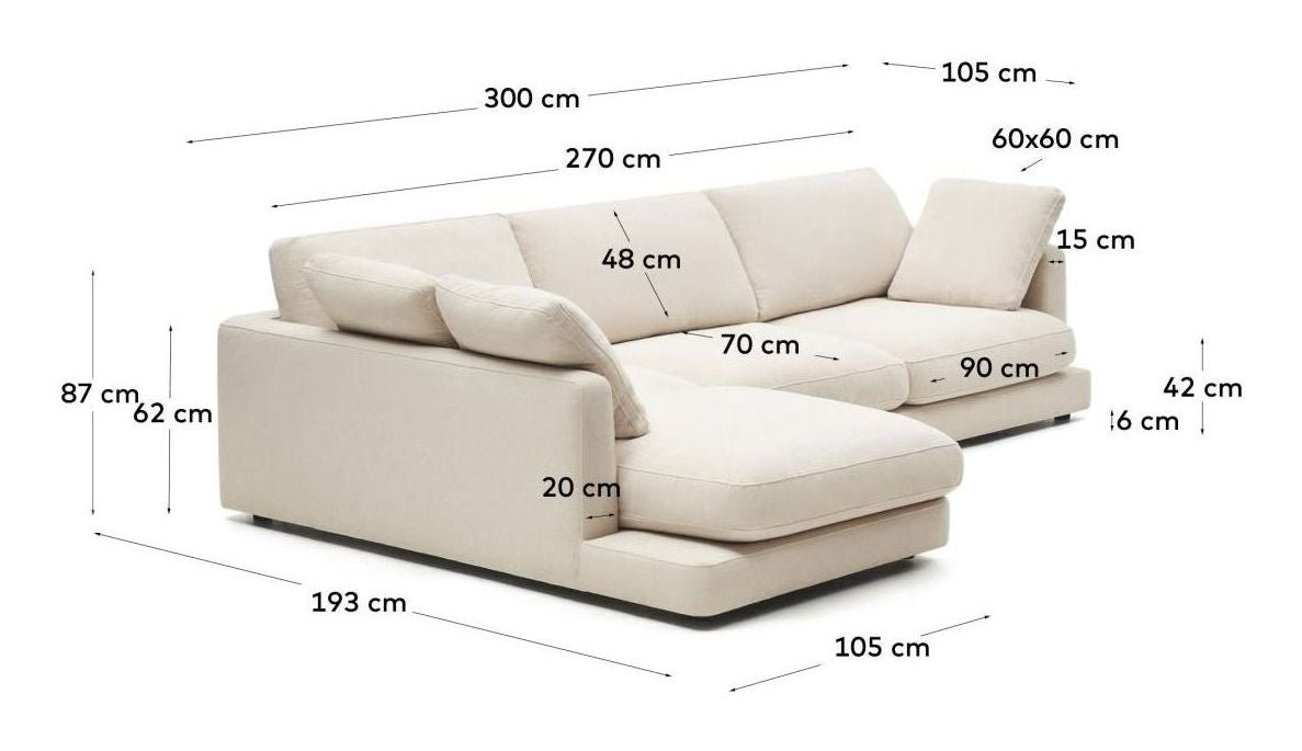 Gala 4-seater sofa with chaise longue on the left side, Beige Chenille fabric