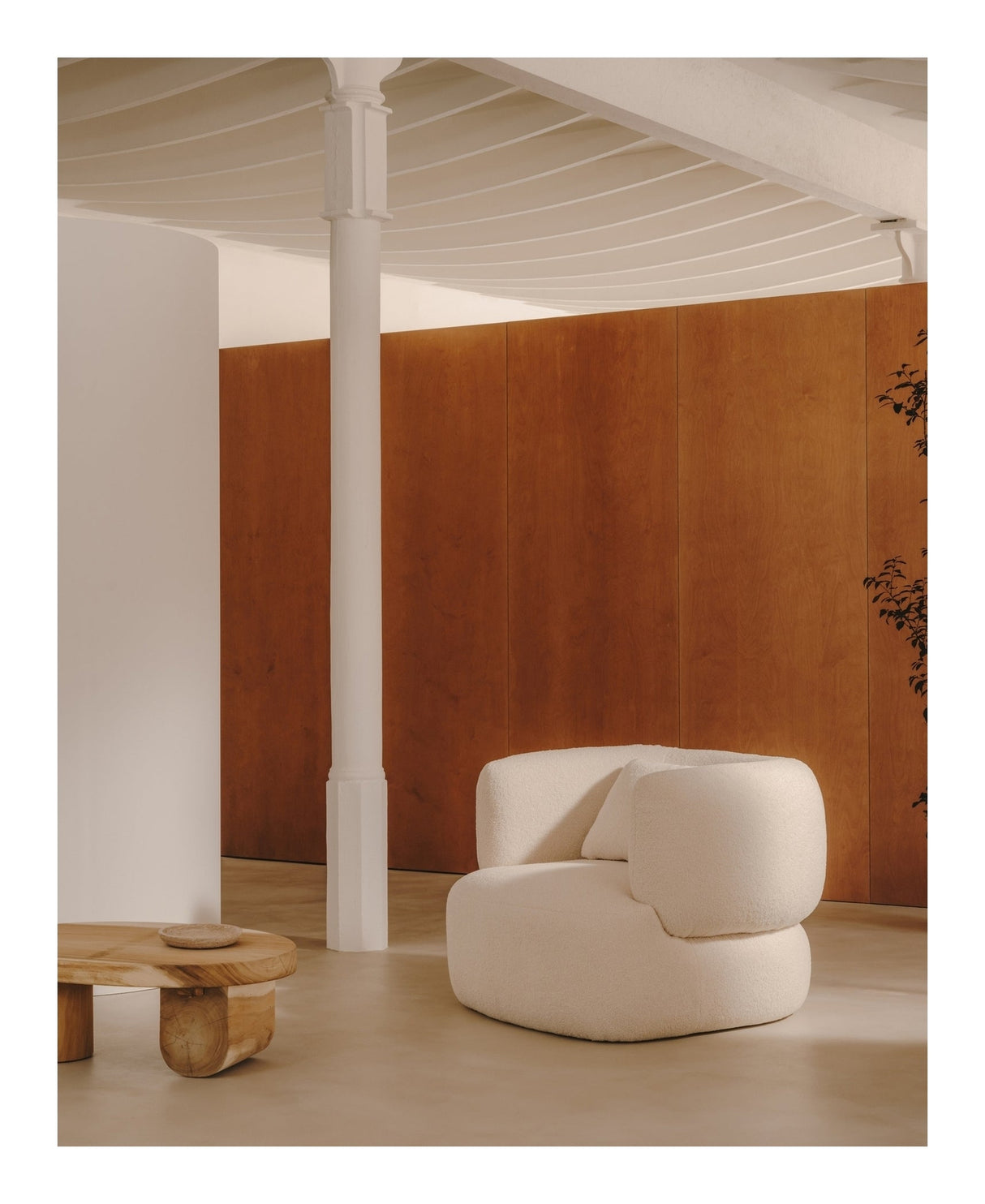 Magira Armchair, White Shearling, Solid Oak