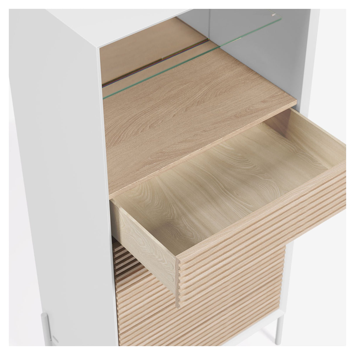 Marielle Chest with 5 drawers/glass shelf, H 142, White/Ash veneer