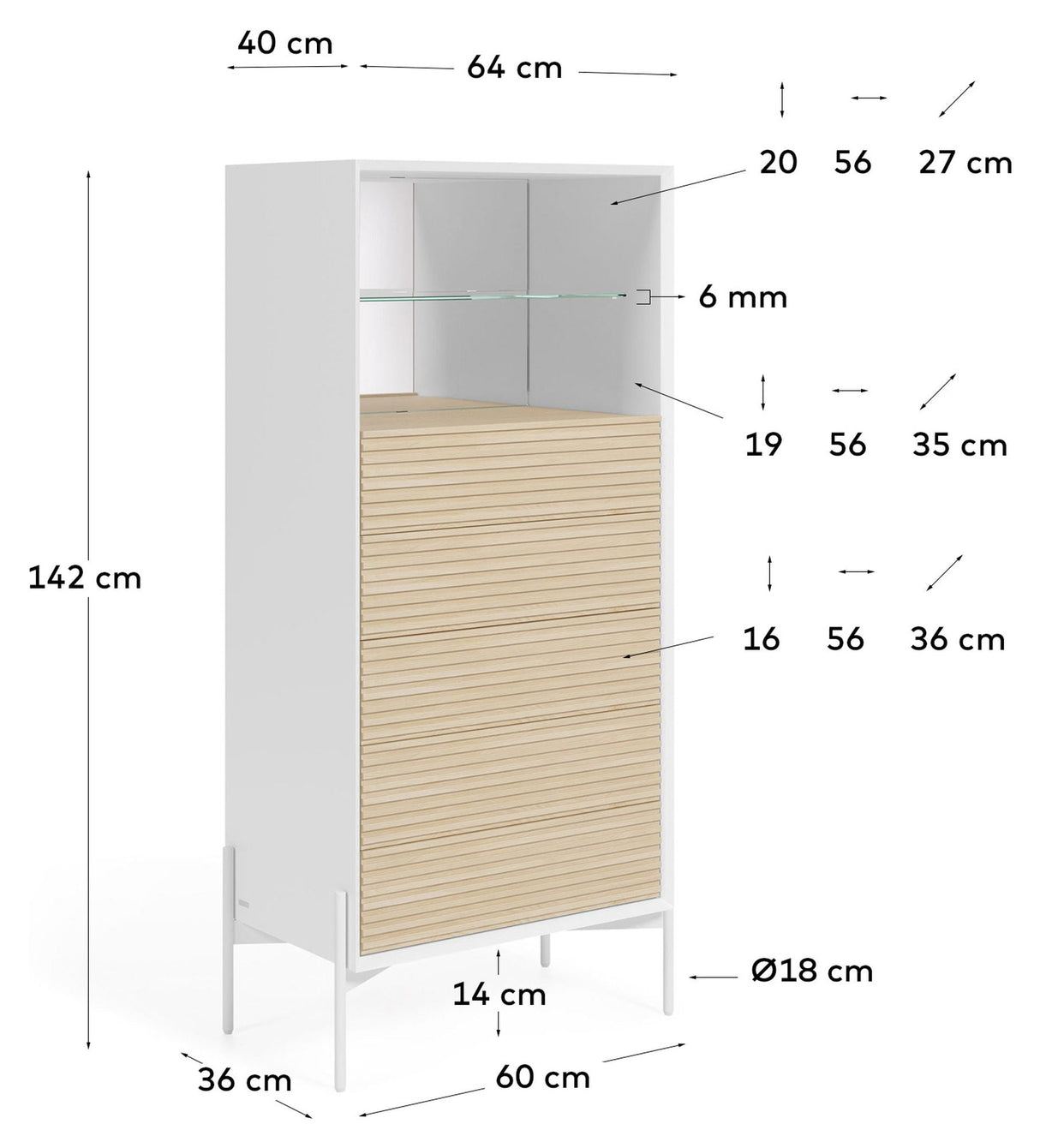 Marielle Chest with 5 drawers/glass shelf, H 142, White/Ash veneer