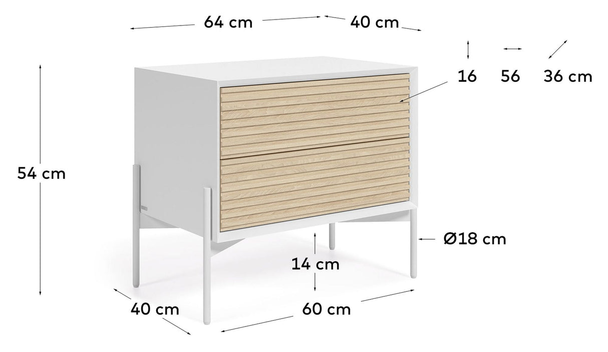 Marielle Bedside table with 2 drawers, White/Ash veneer