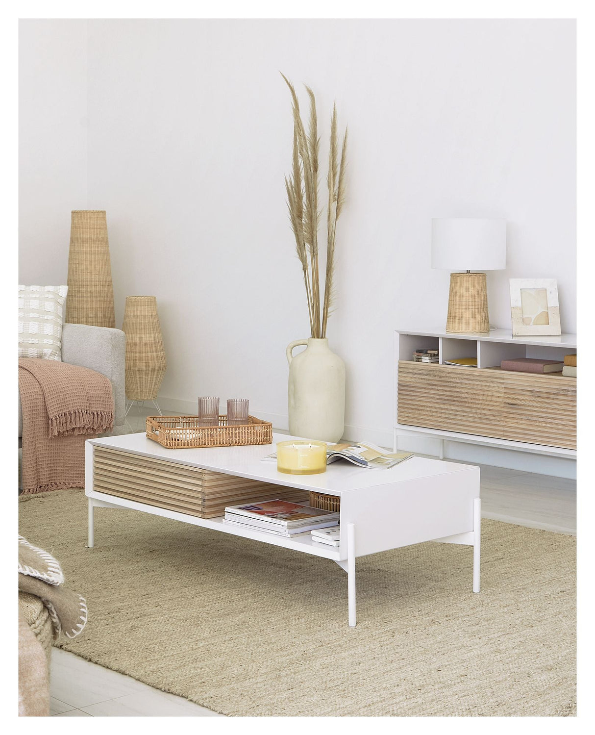 Marielle Coffee table with drawer, 147x70, White/Ash veneer