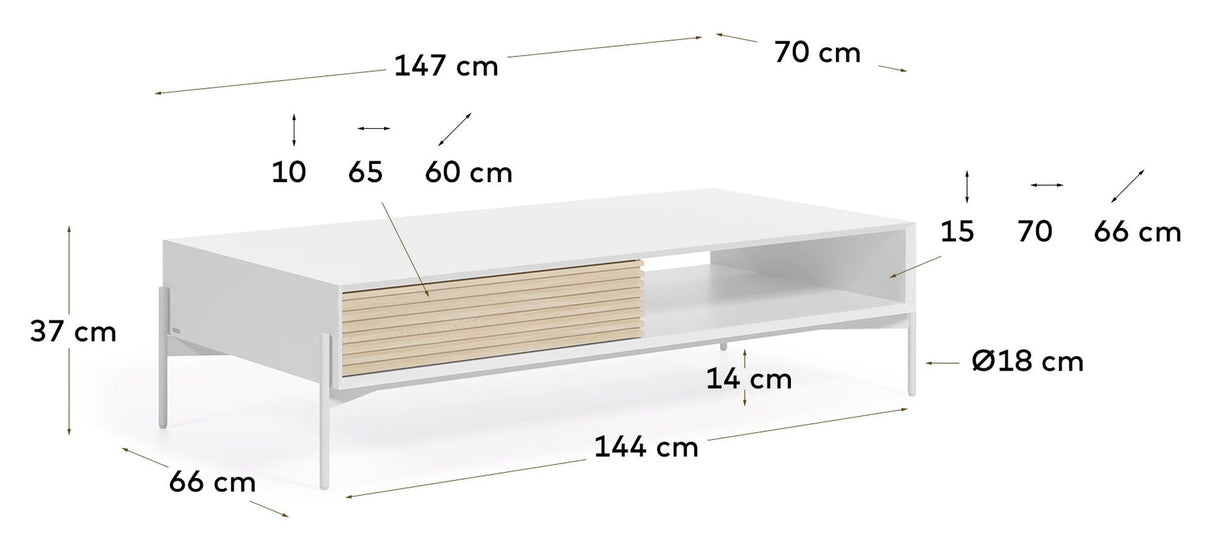 Marielle Coffee table with drawer, 147x70, White/Ash veneer