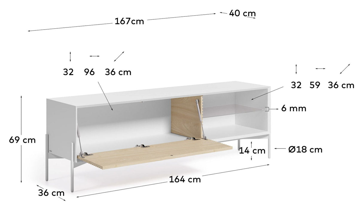 Marielle TV table with door, 167x69, White/Ash veneer