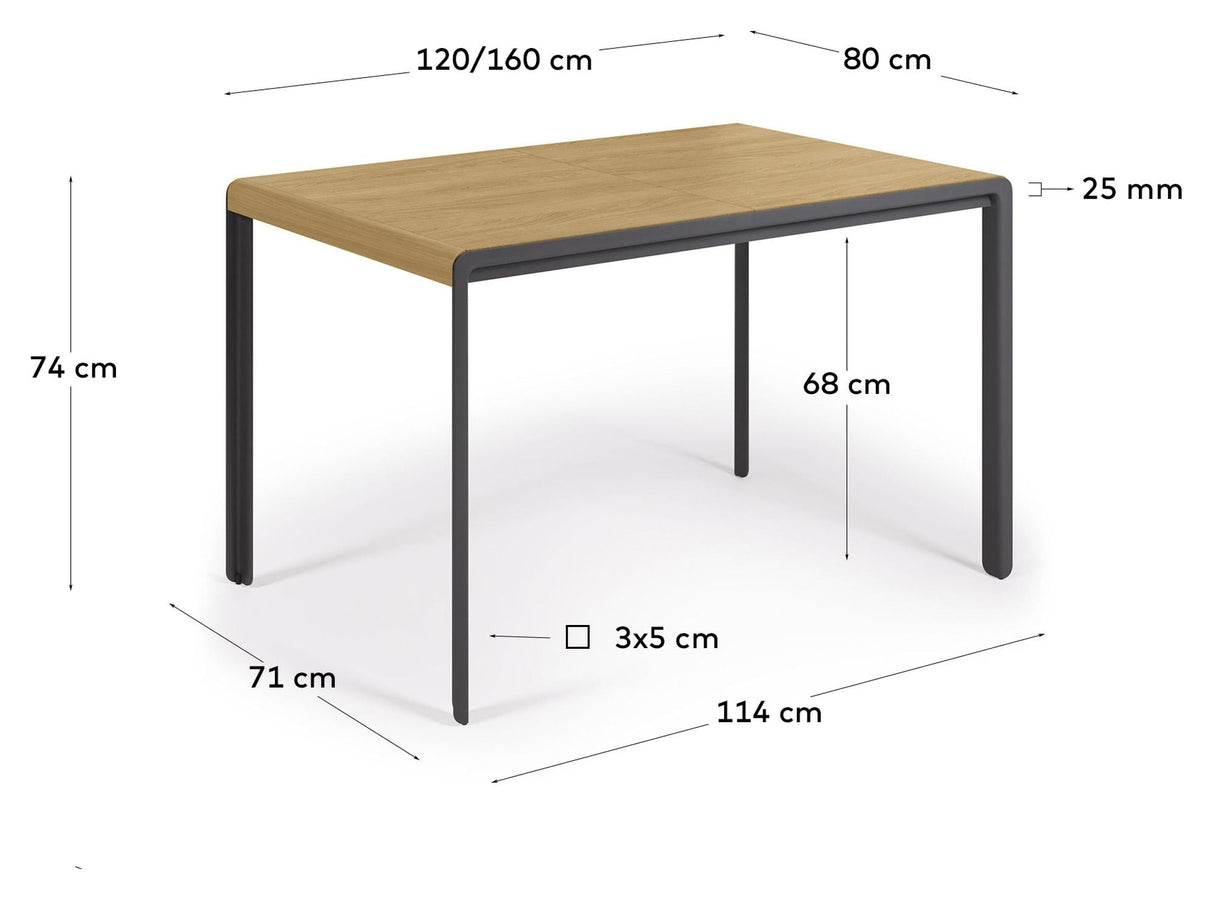 Nadyria Dining table with extension - Oak veneer/Steel legs, 120/160x80