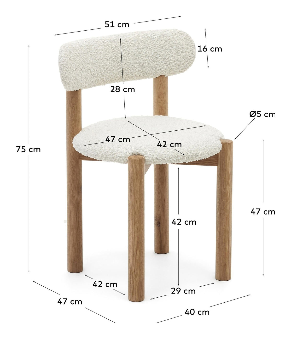 Nebai Dining chair, White bouclé, Solid oak