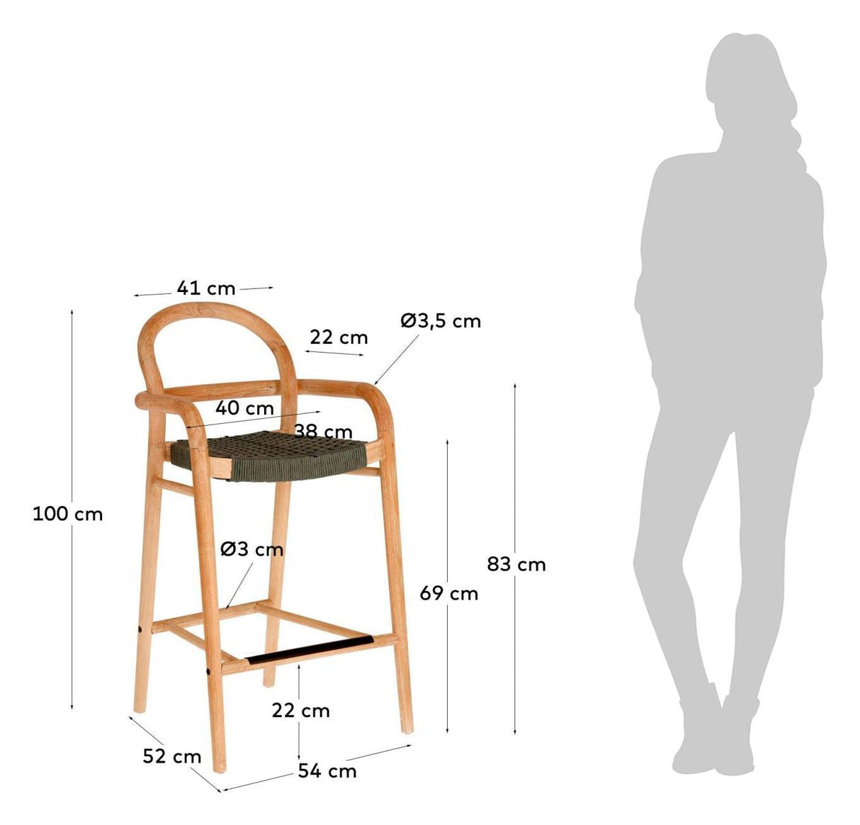 Sheryl bar stool SH: 69cm, Green/Light Wood