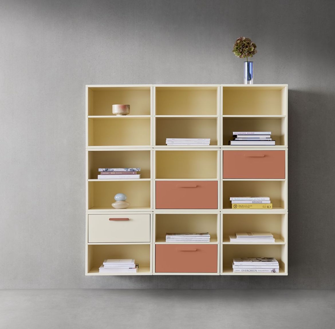 Keep Shelf with 9 modules and 4 drawers, Yellow, Terracotta