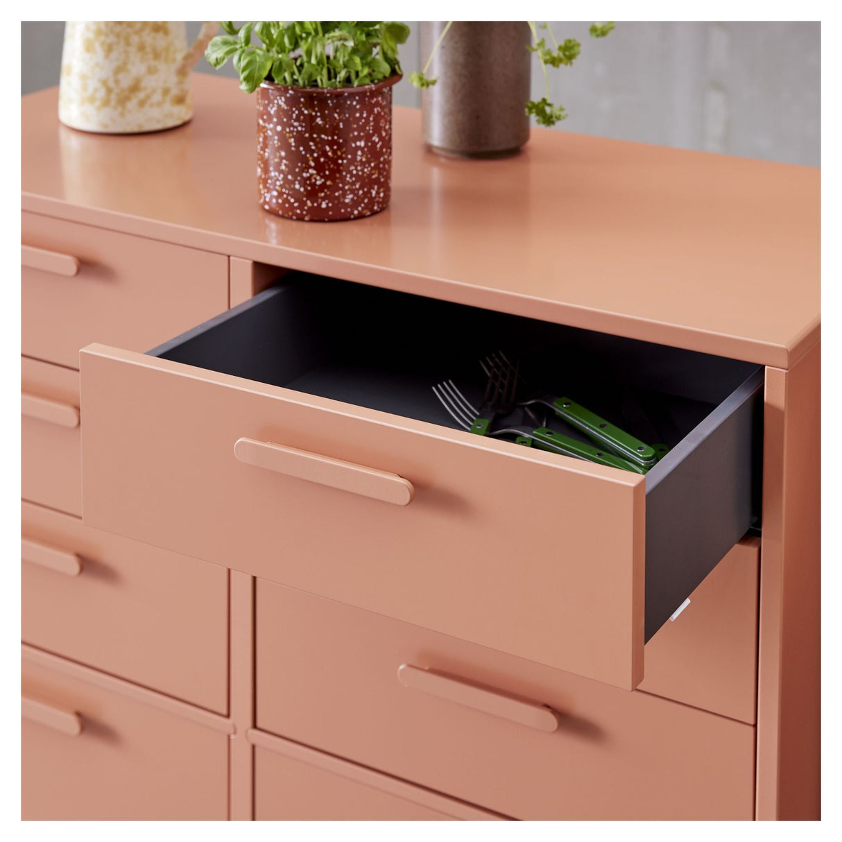 Keep Cabinet with 6 drawers, 2 doors and wheels, Terracotta