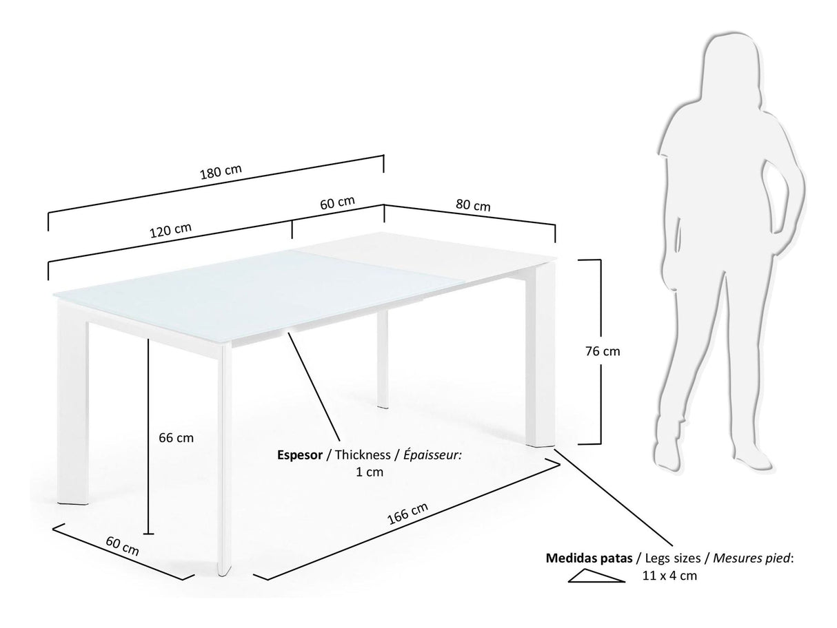 AXIS Dining table with pull-out, White Glass, 120 - 180x80