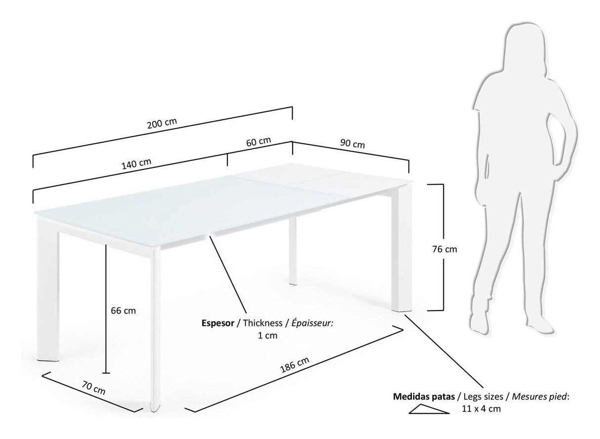 AXIS Dining table with pull-out, White Glass, 140 - 200x90