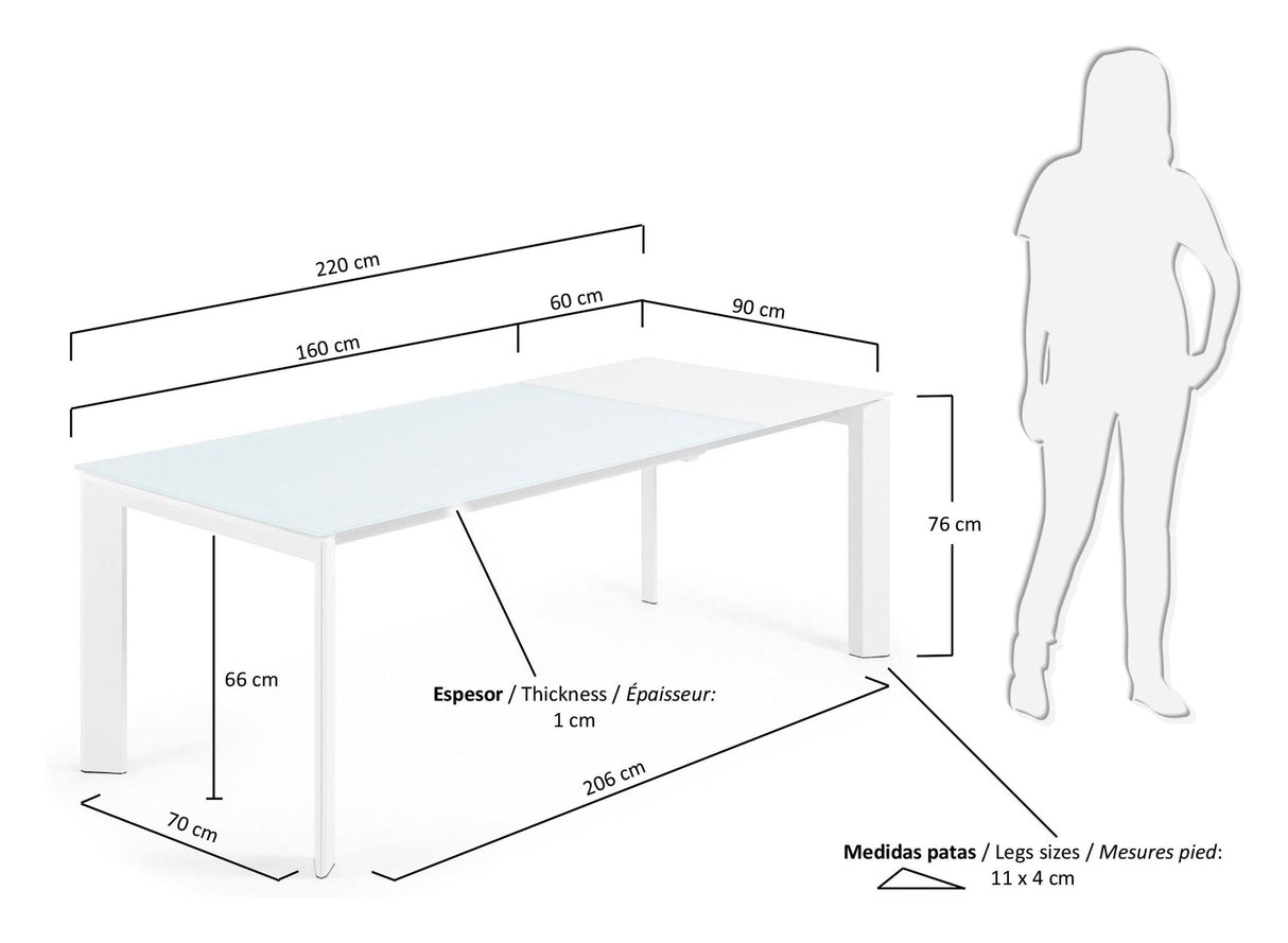 AXIS Dining table with pull-out, White Glass, 160 - 220x90