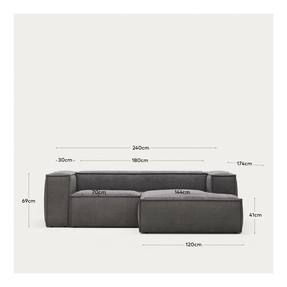 Block 2-pers. Sofa with right-facing chaise longue, Gray velvet