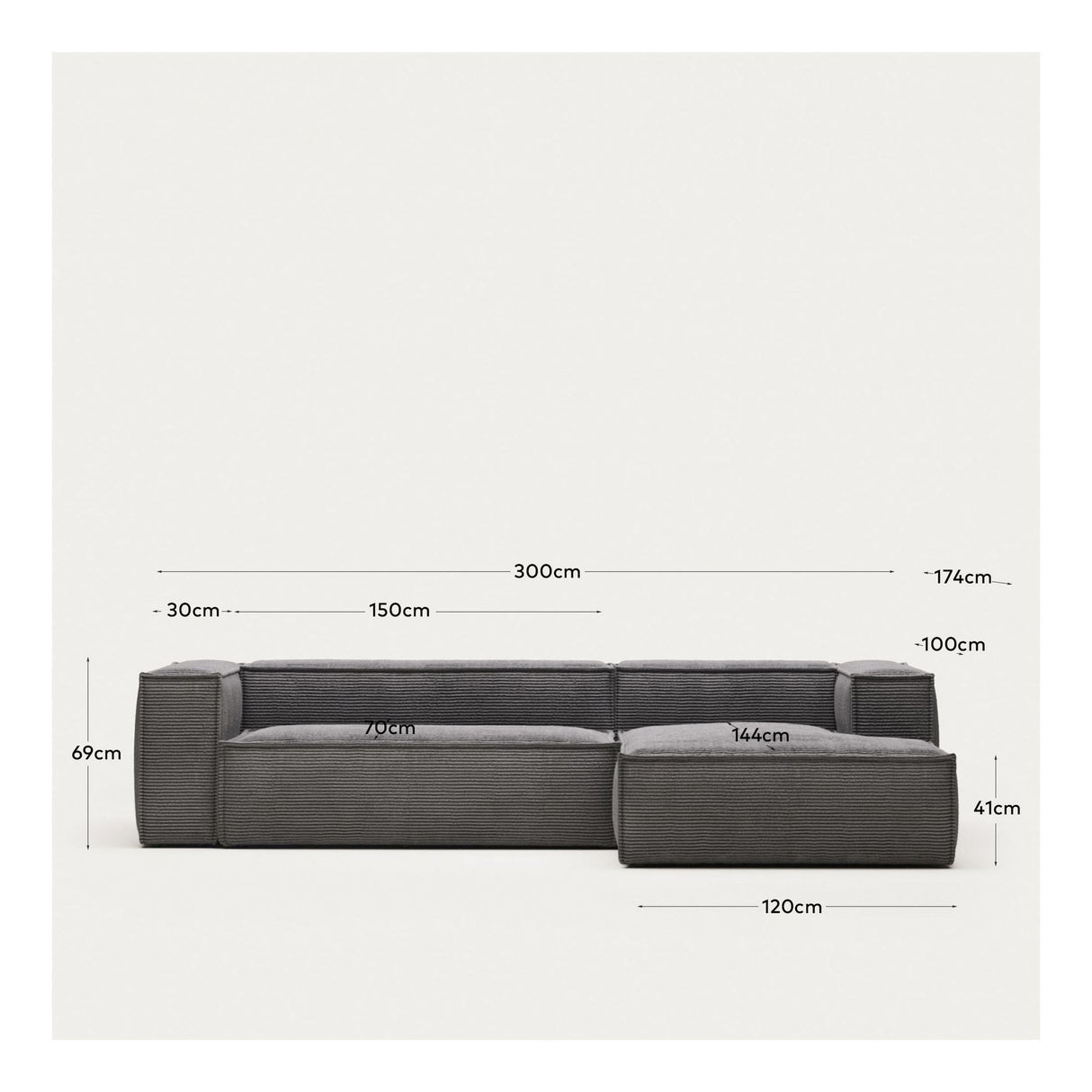 Block 3-pers. Sofa with right-facing chaise longue, B: 300, Gray velvet