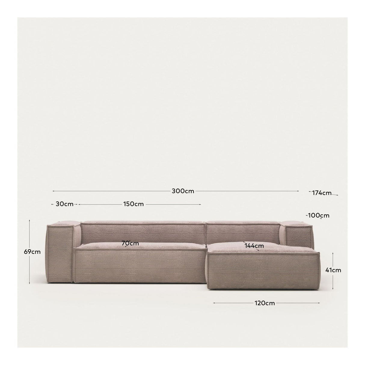 Block 3-pers. Sofa with right-facing chaise longue, B: 300, Pink velvet