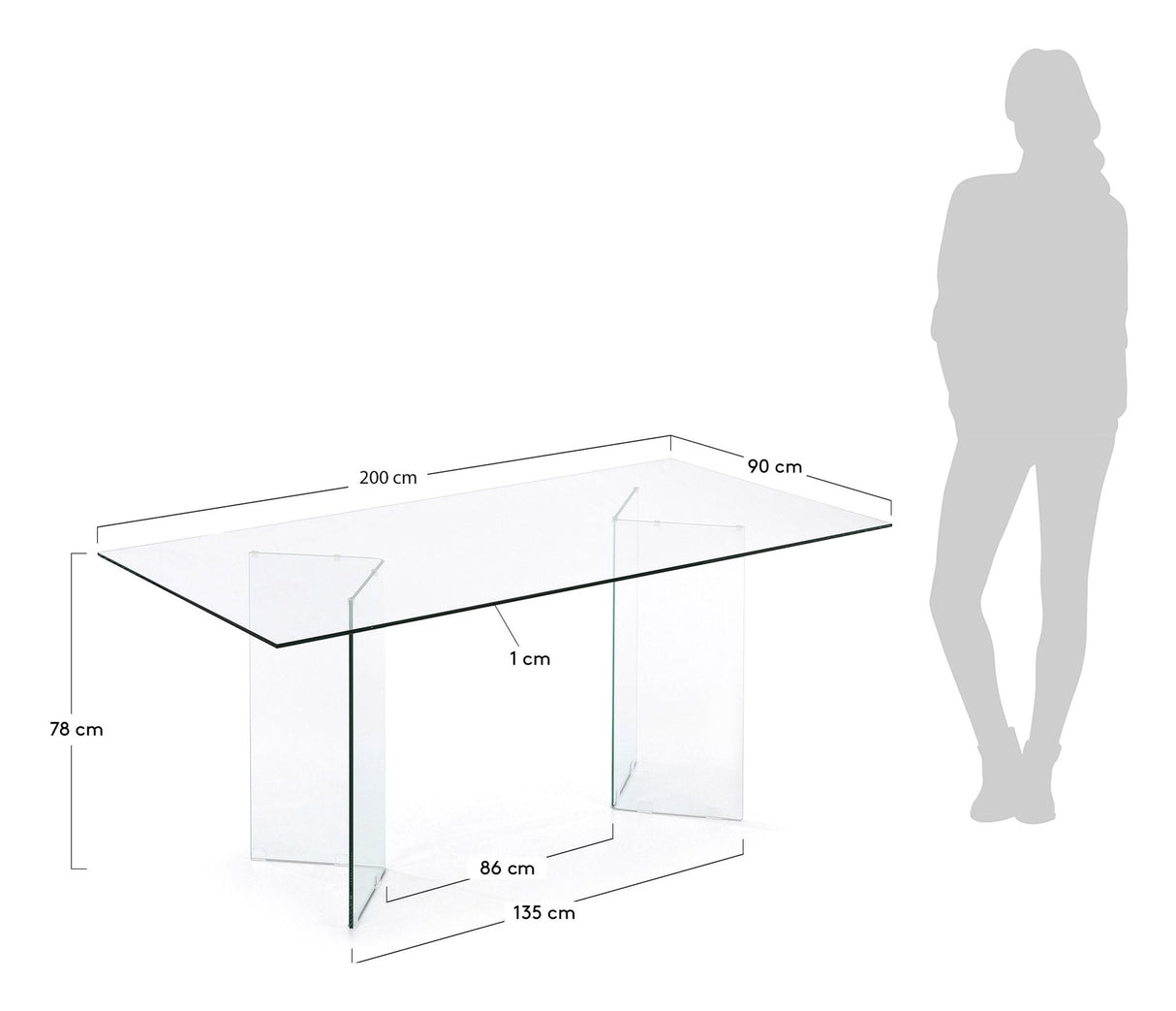 BURANO Dining table, Tempered glass, 90x200