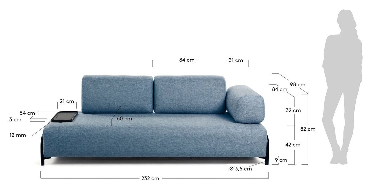 Compo 3-seater sofa with small tray, Blue fabric