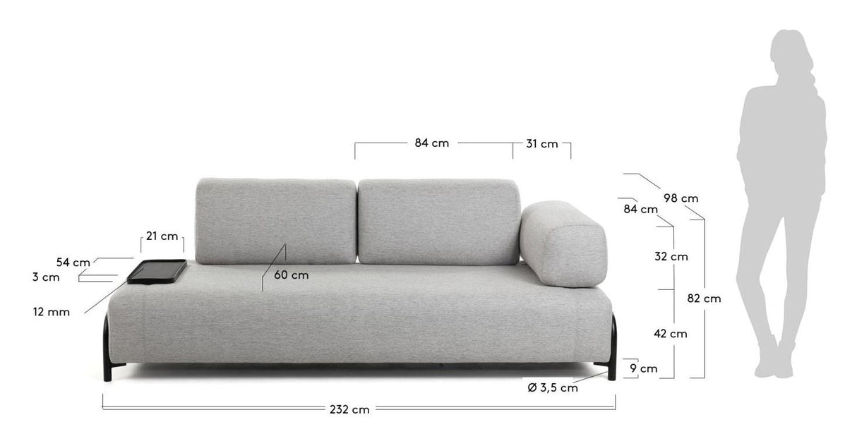 Compo 3-seater sofa with small tray, light gray fabric