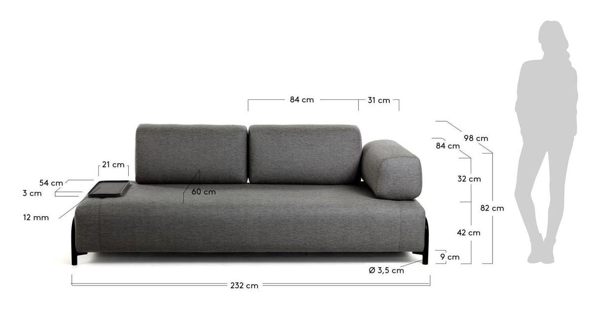 Compo 3-seater sofa with small tray, Dark gray fabric