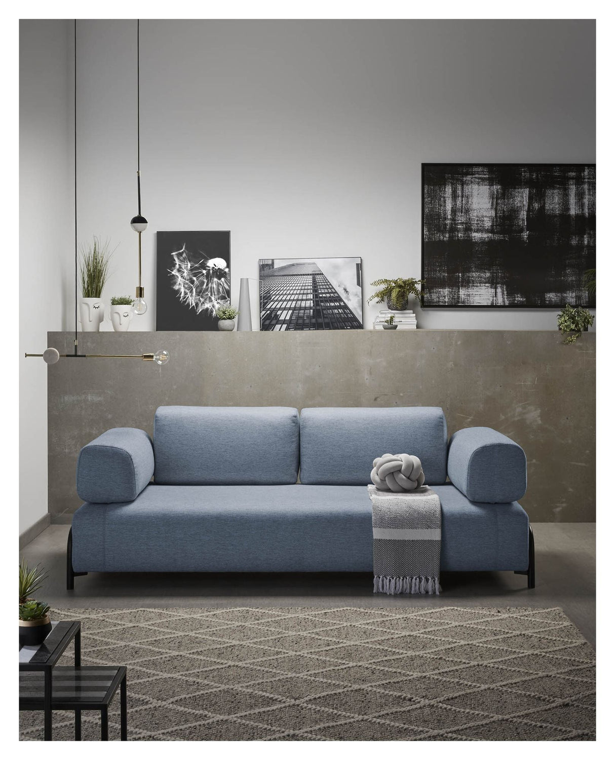 Compo 3-seater sofa with large tray, Blue fabric