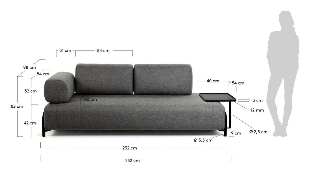 Compo 3-seater sofa with large tray, Dark gray fabric