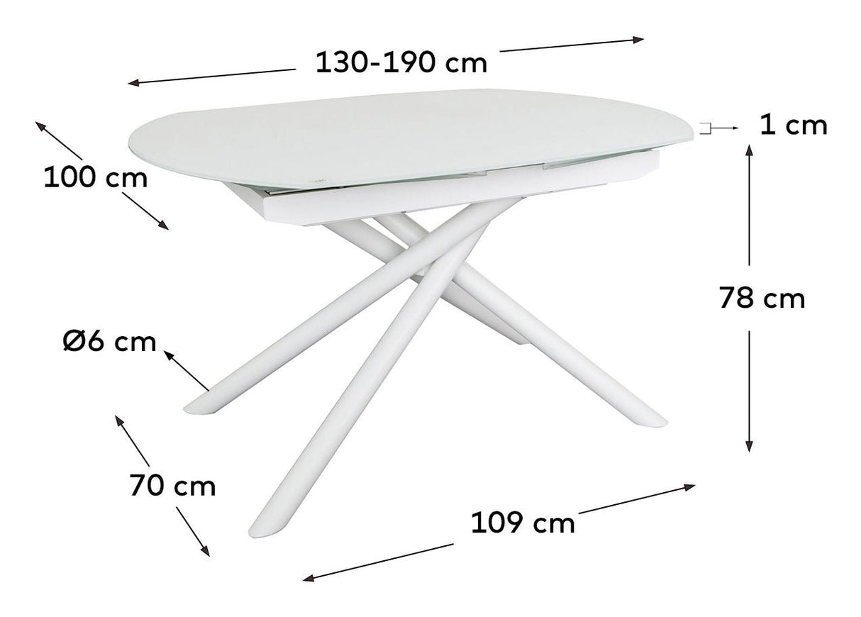 Yodalia Retractable table, White glass and MDF, 130x100