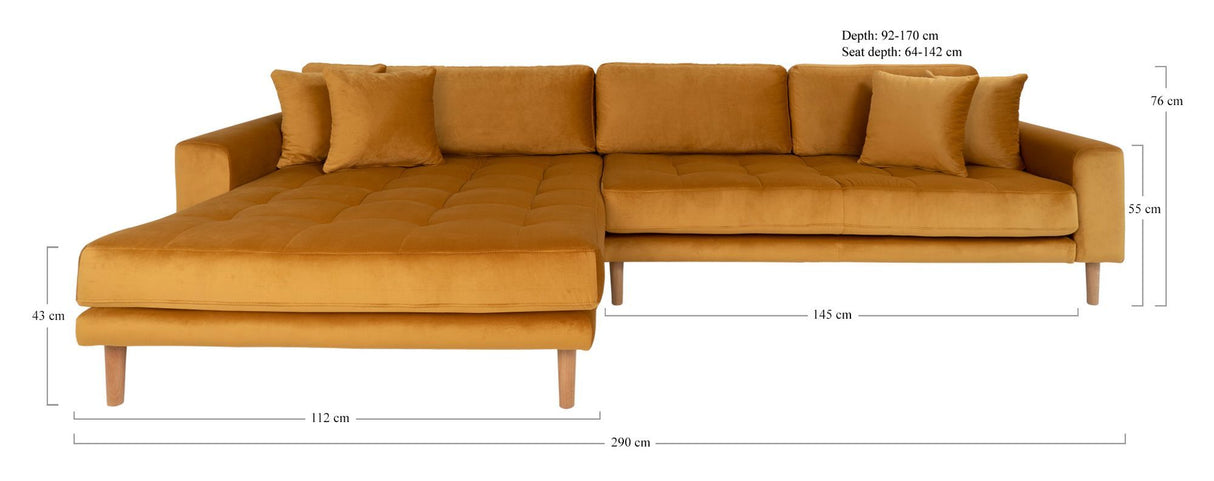 Lido Lounge Sofa with left-facing chaise, Mustard yellow Velvet