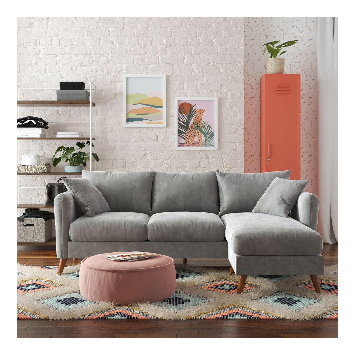 Magnolia 3-seater sofa with cushions and reversible chaise longue, Light gray