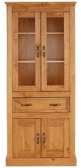 Suzie Vitrine cabinet, stained pine with drawer