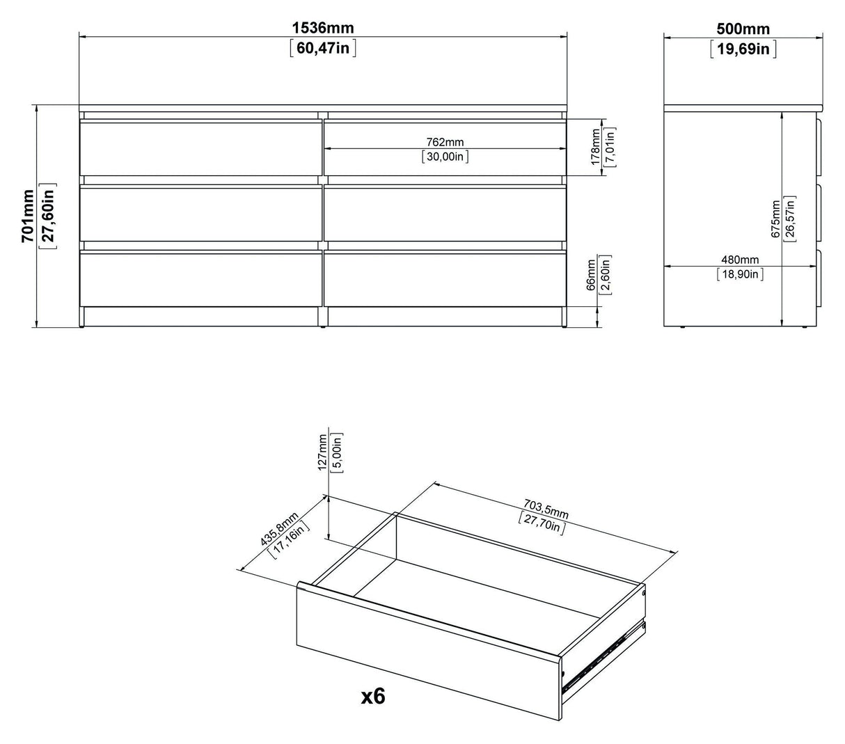 Naia chest of drawers - White ash w/6 drawers