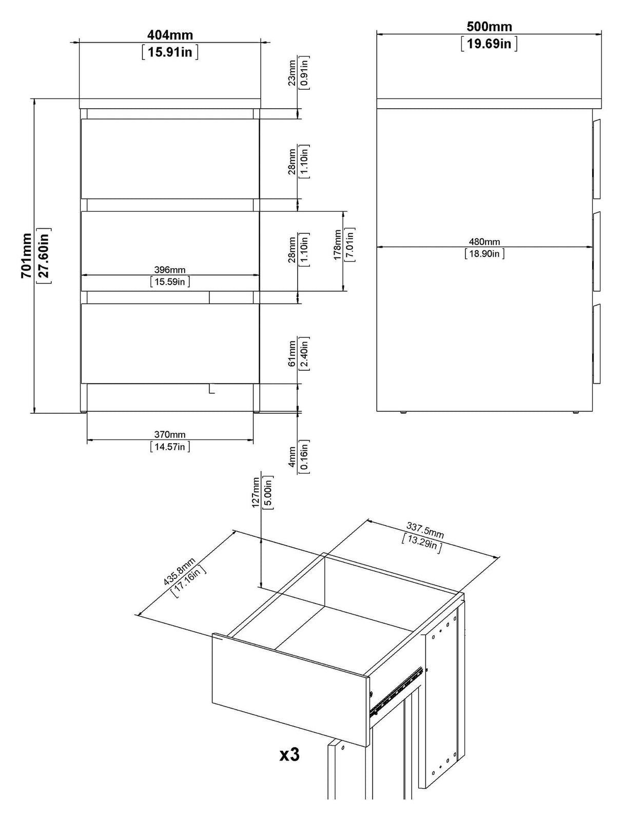 Naia Chest - White w/3 drawers B:40