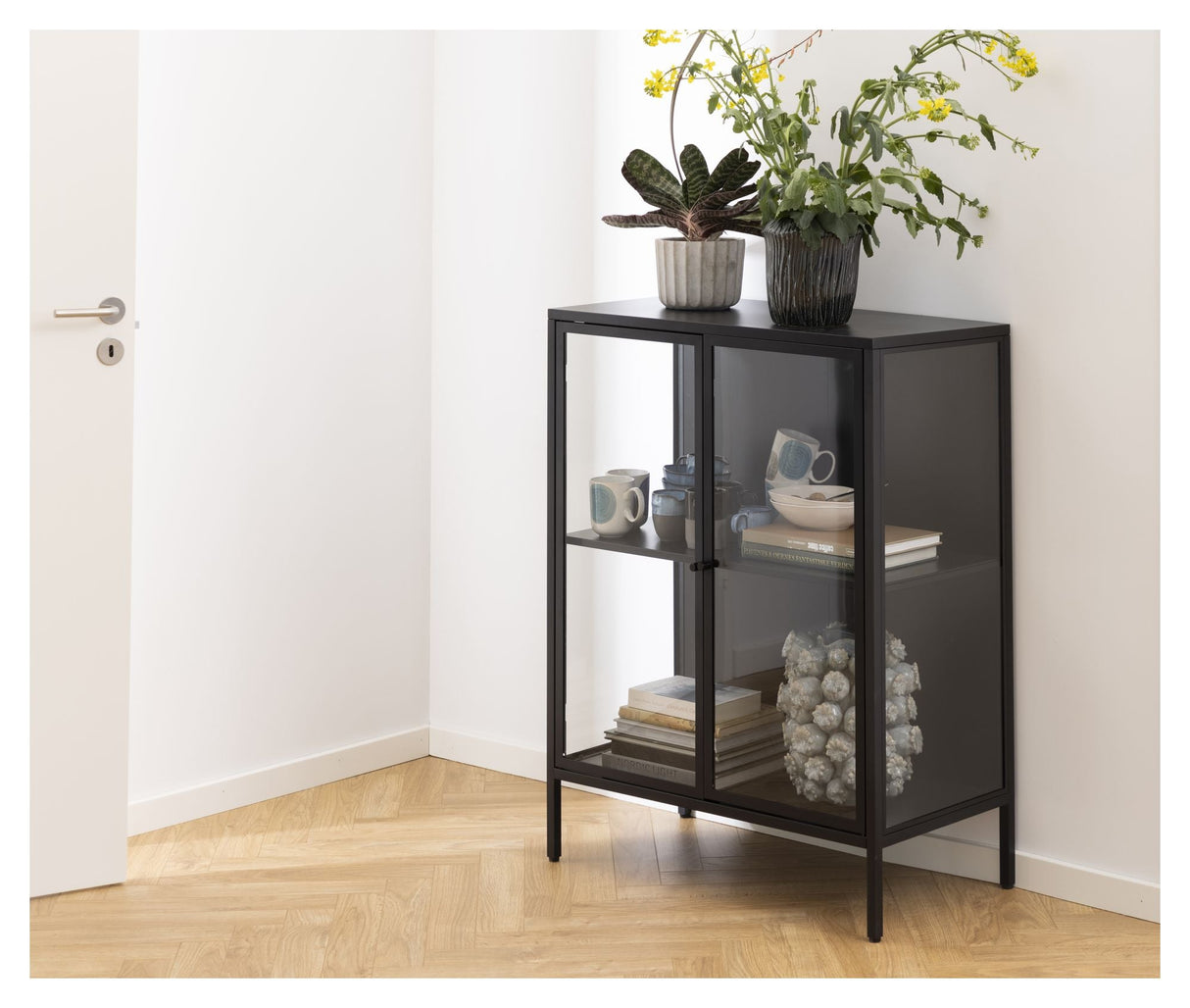 Newcastle Vitrine cabinet with 2 glass doors, Black metal