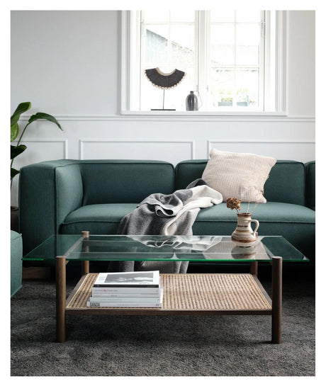 Neo Coffee table with glass plate and shelf in braid, Smoked oak