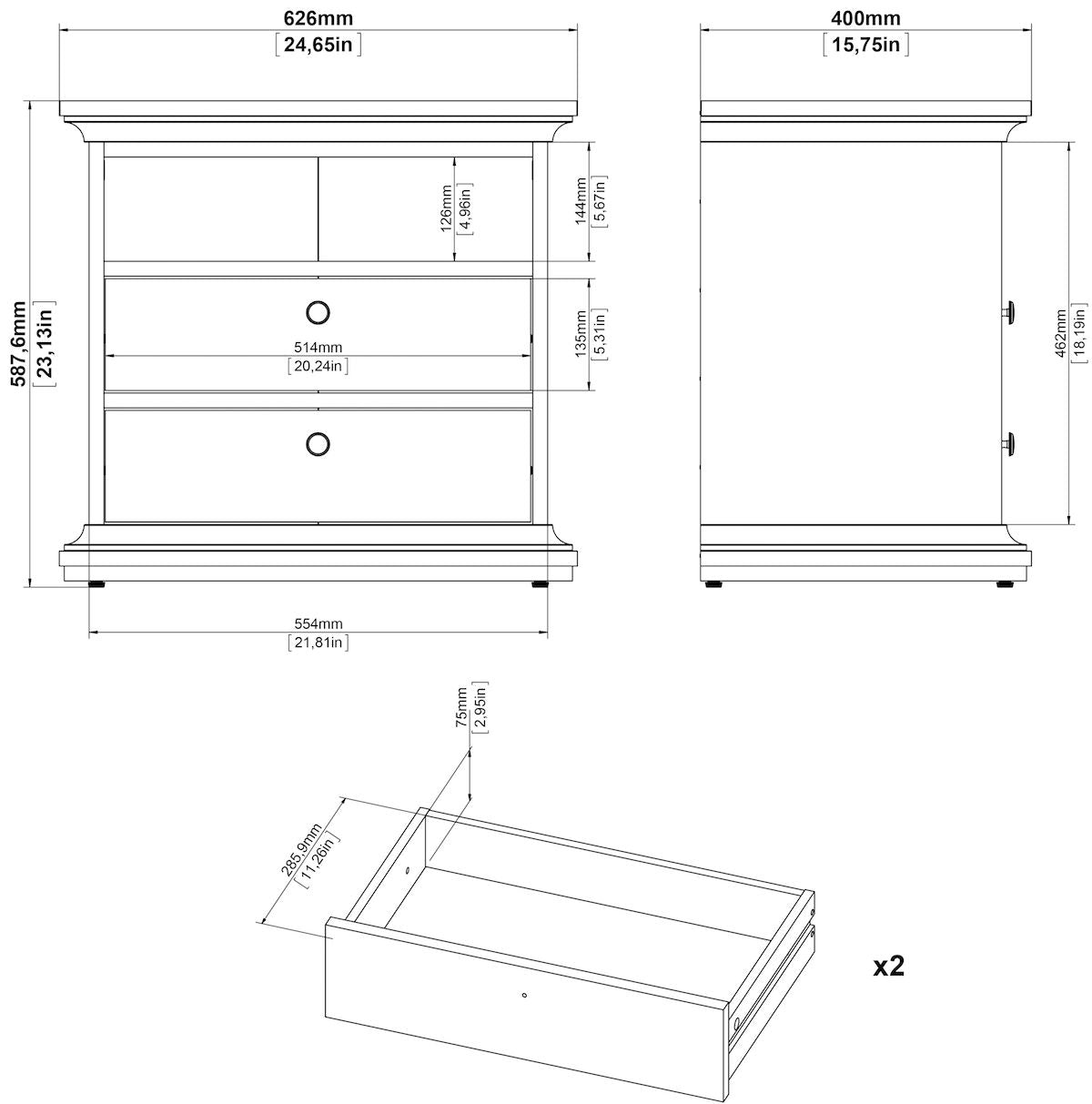 Paris Bedside table with 2 drawers - Mat gray