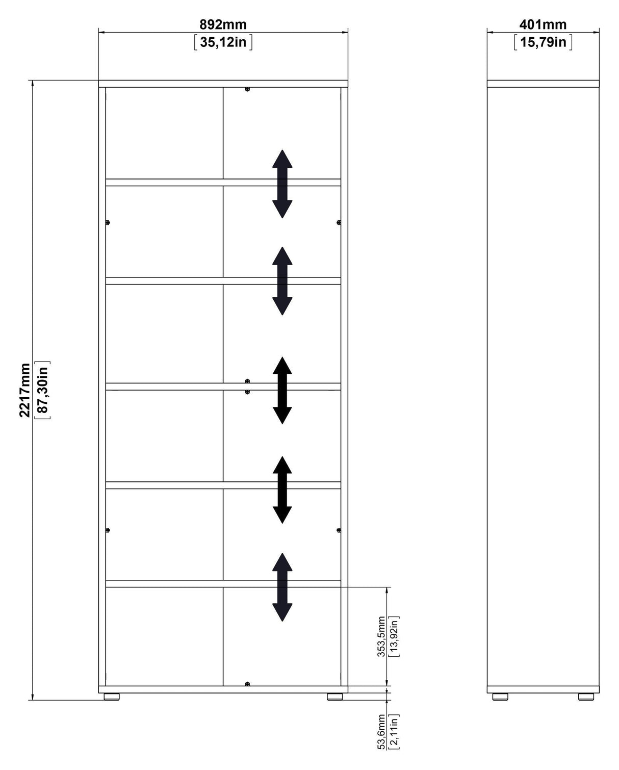 Prima Bookshelf - White w/5 shelves