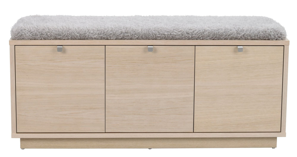 Confetti Bench, white washed oak 3 drawers, gray cushion