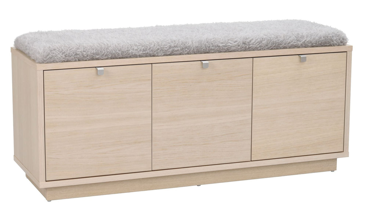 Confetti Bench, white washed oak 3 drawers, gray cushion