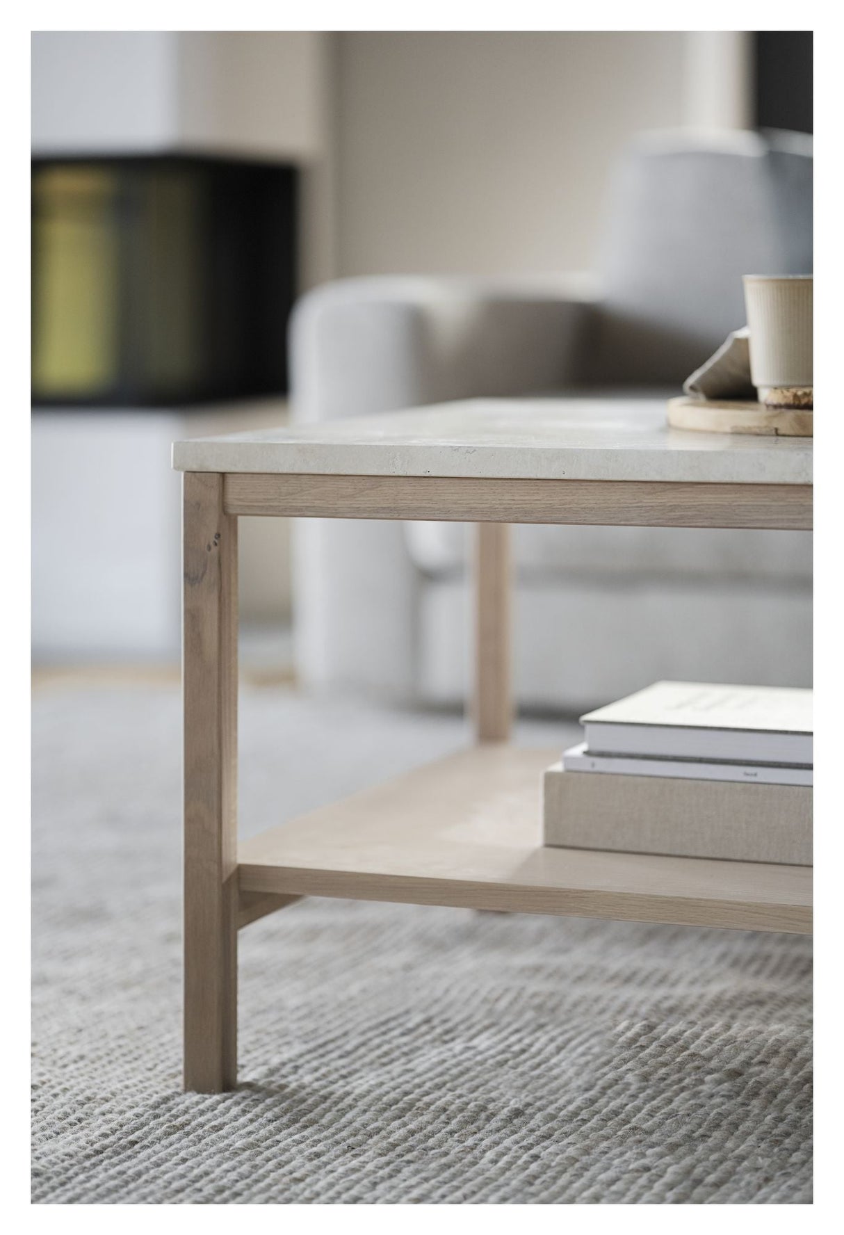 Orwel Coffee table, Beige travertine, White pigm., 140x60