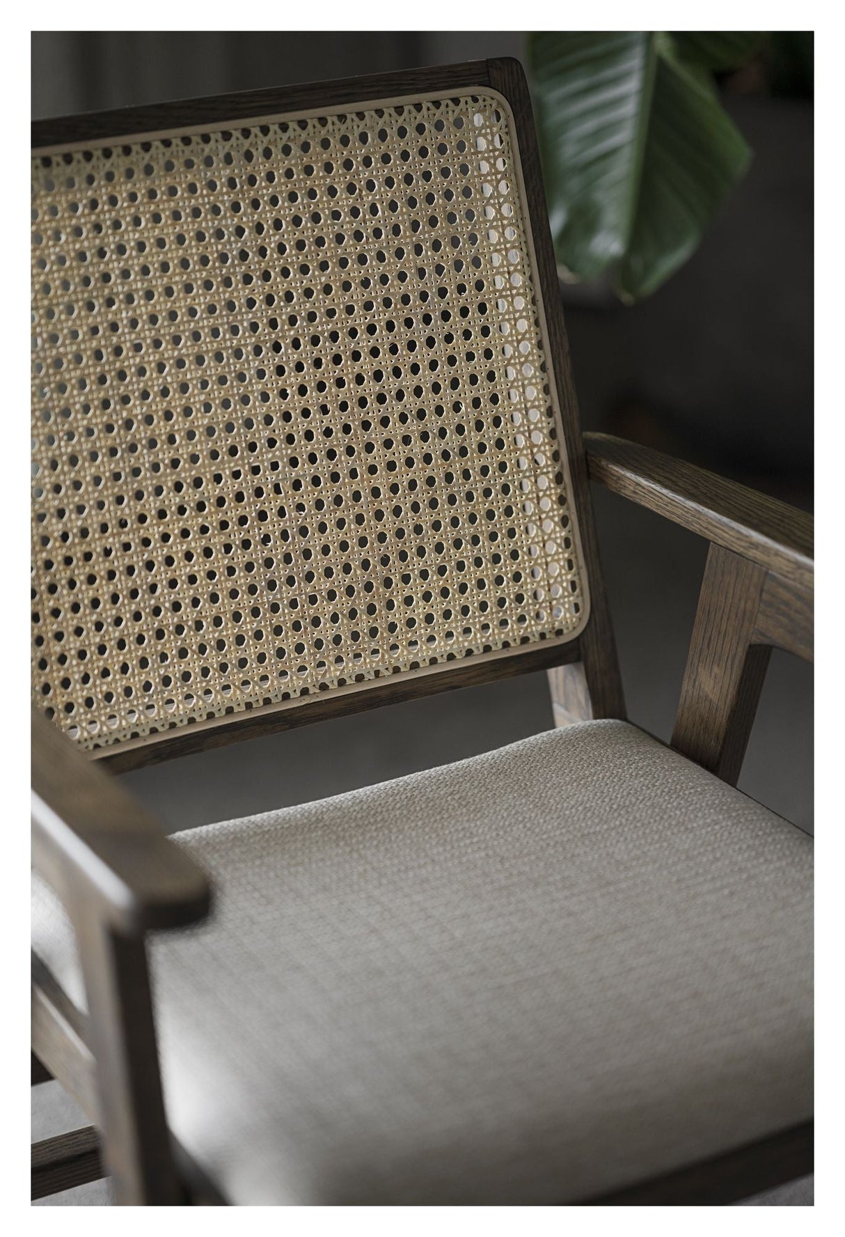 Prestwick Armchair, Brown oak and rattan, beige fabric