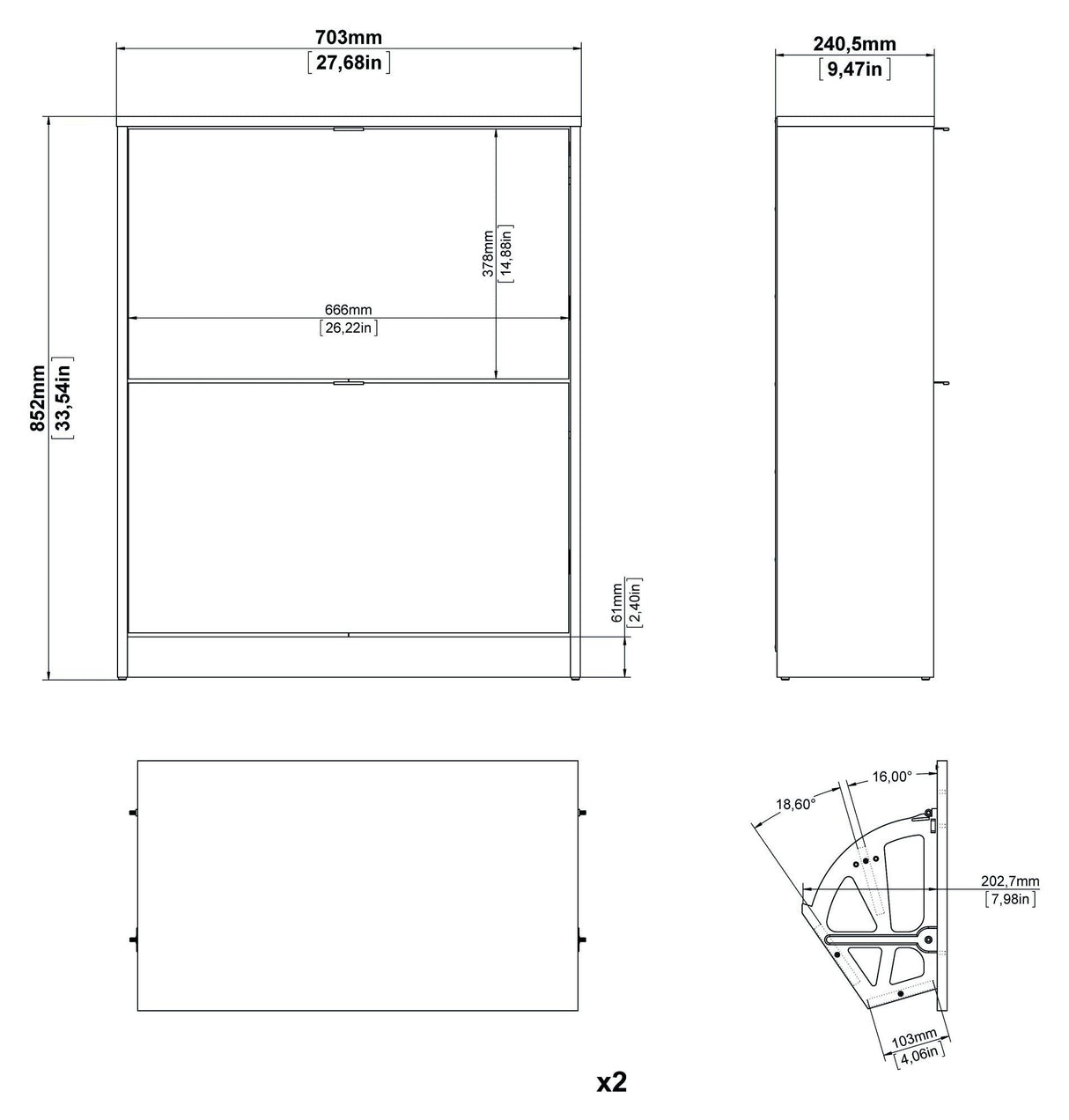 Shoes Shoe cabinet 2 folding doors with 2 compartments - Mat Black