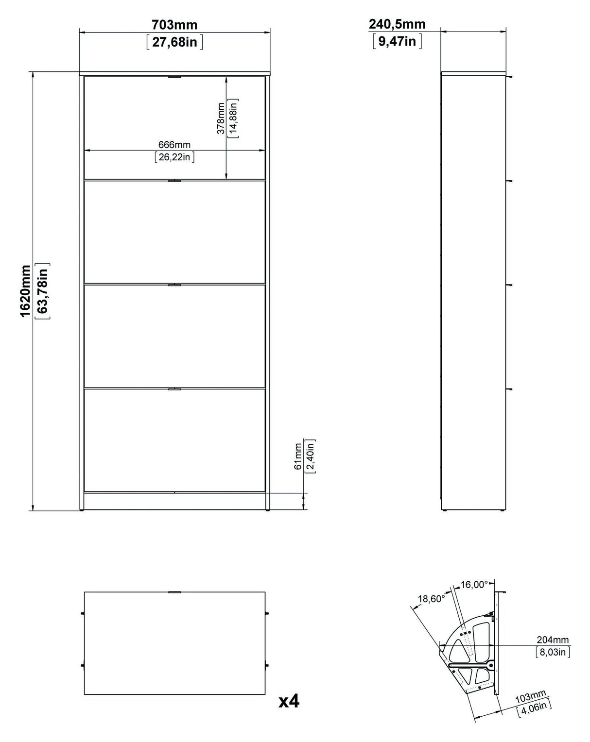 Shoes Shoe cabinet 4 folding doors with 2 compartments - Mat Black