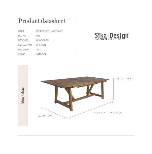 George Exterior Garden table with extension, Teak, 200x100