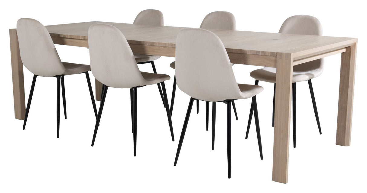 Sleek Dining table w. Extension with 6 Polar Chairs, Beige Velour