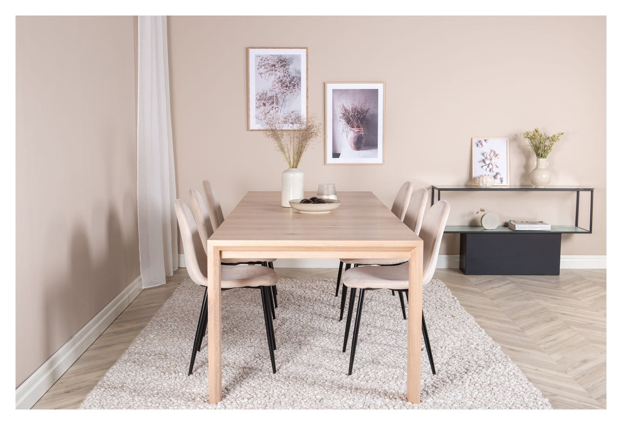 Sleek Dining table w. Extension with 6 Polar Chairs, Beige Velour